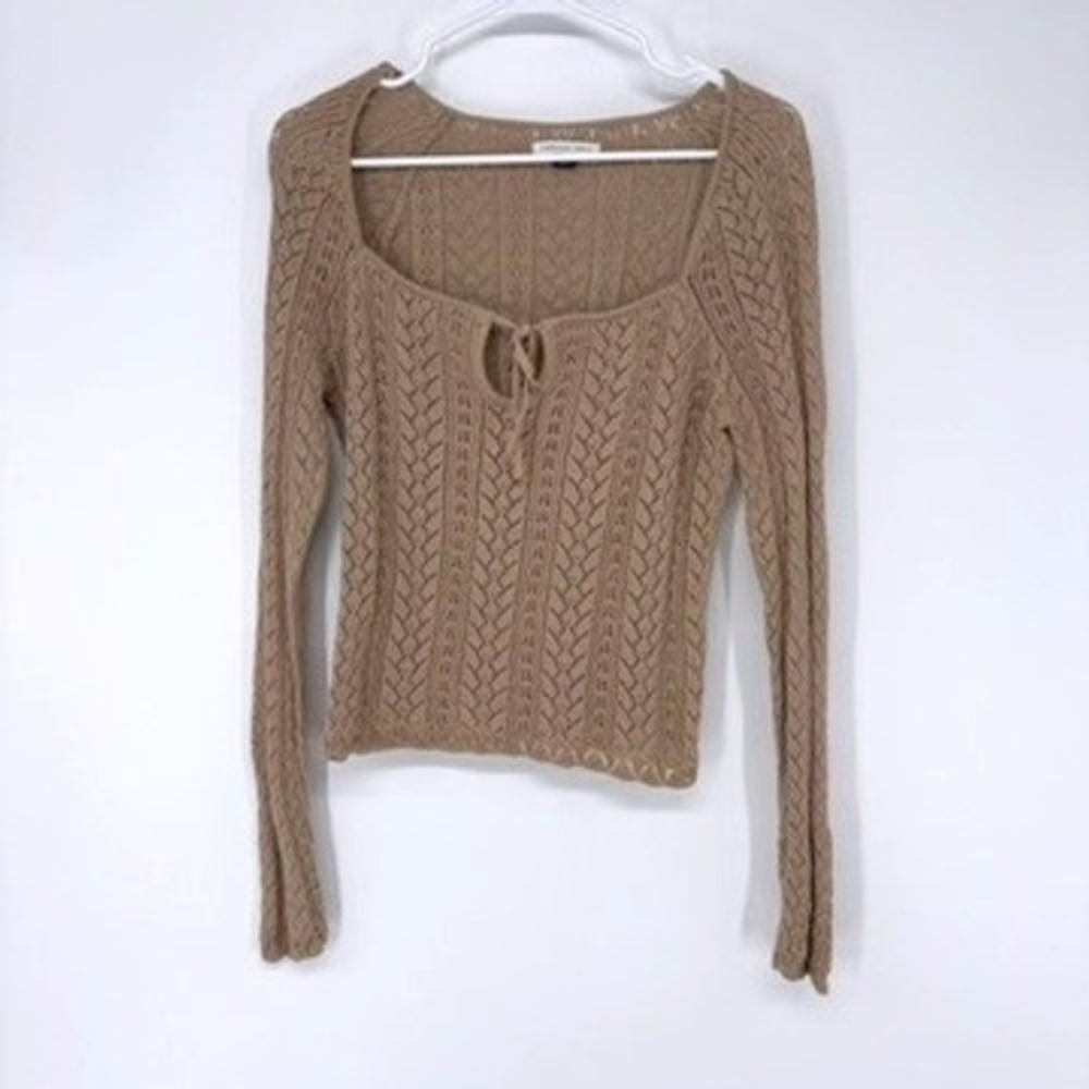 American Eagle Sweater Womens XL Tan Pointelle Knit Sweetheart Keyhole y2k Style